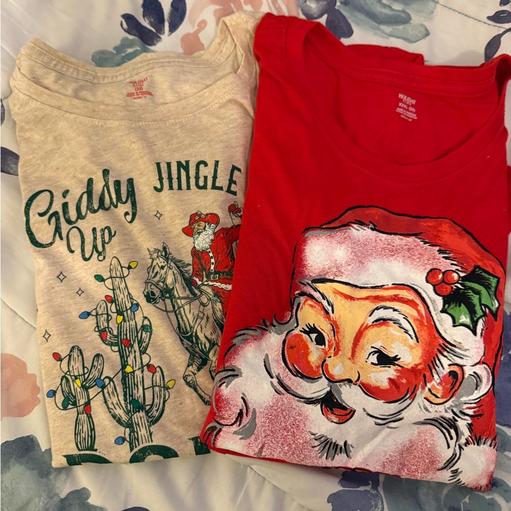 Holiday Time Cream Tee and red Santa Claus tee 2 holiday t-shirts!